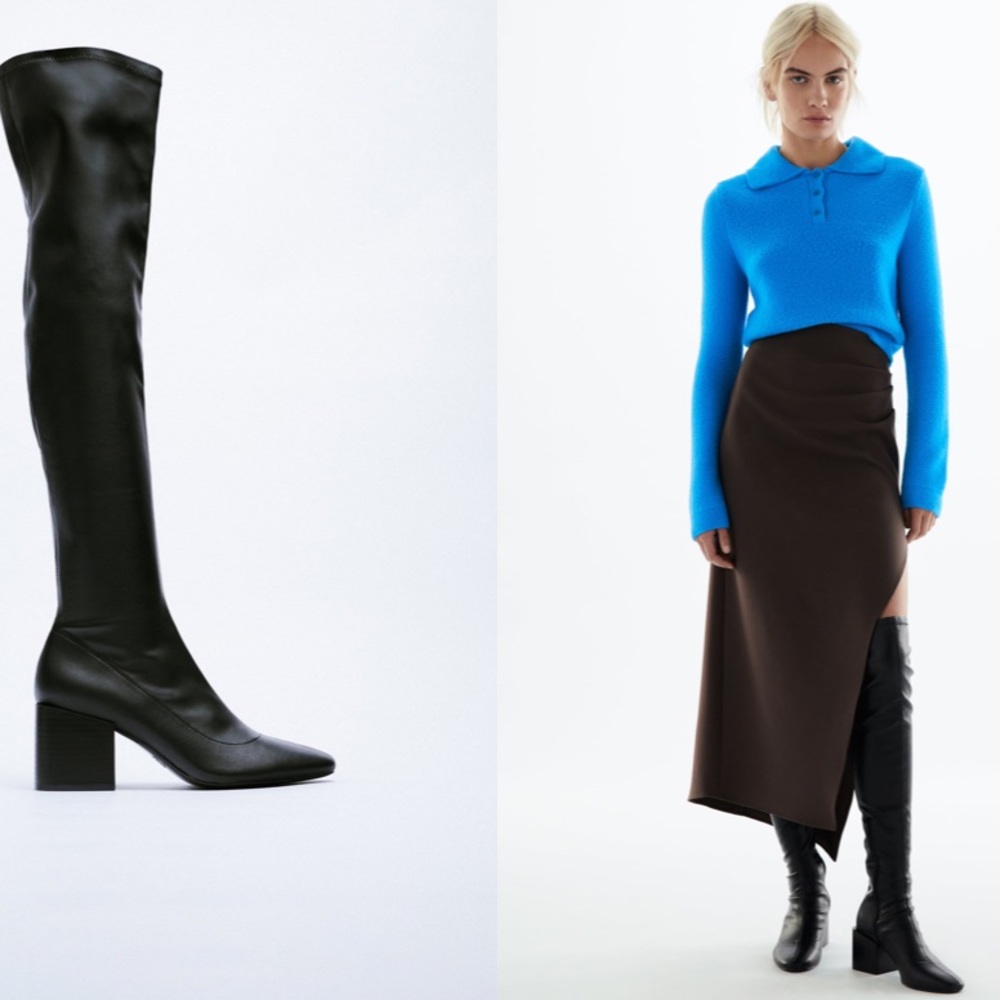 Zara Black Heeled Over The Knee Boot Faux Leather Size 11